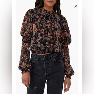 Free People Black and Orange Floral Blouse